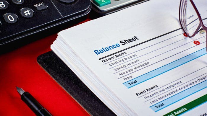 Image of an accountant balance sheet with asset accounts and fixed assets