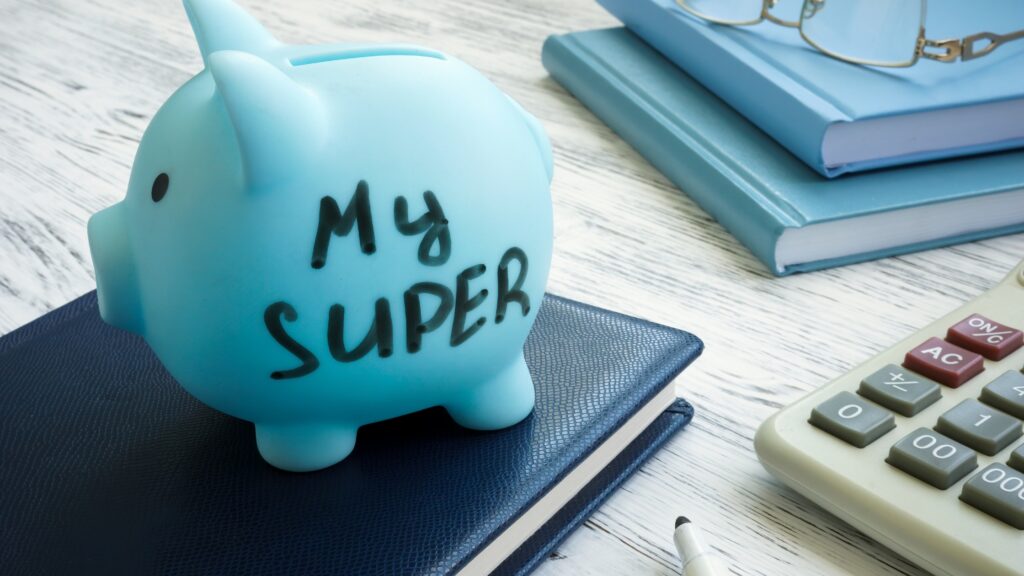 Blue piggy bank labeled 'My Super' with calculator, related to understanding superannuation tax.